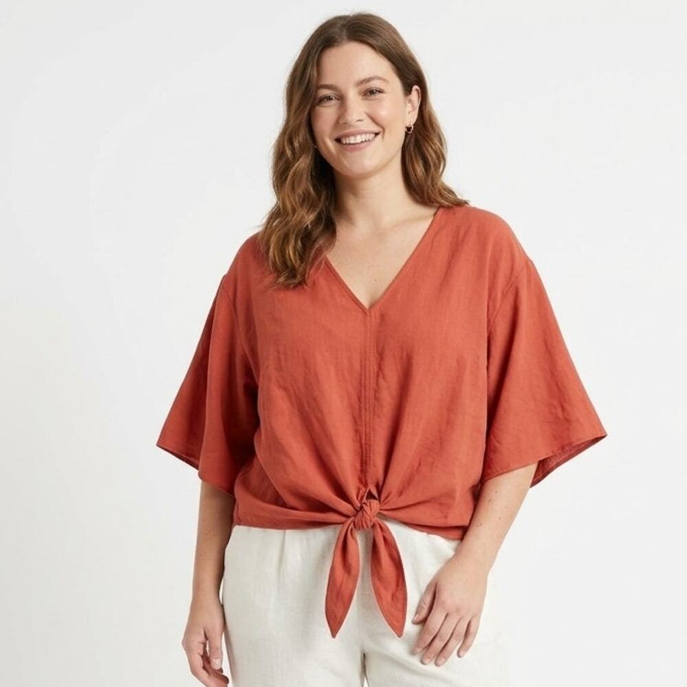 Spartina 449 Cropped Top Womens S Orange Front Tie Knot Kimono Sleeve Classic
